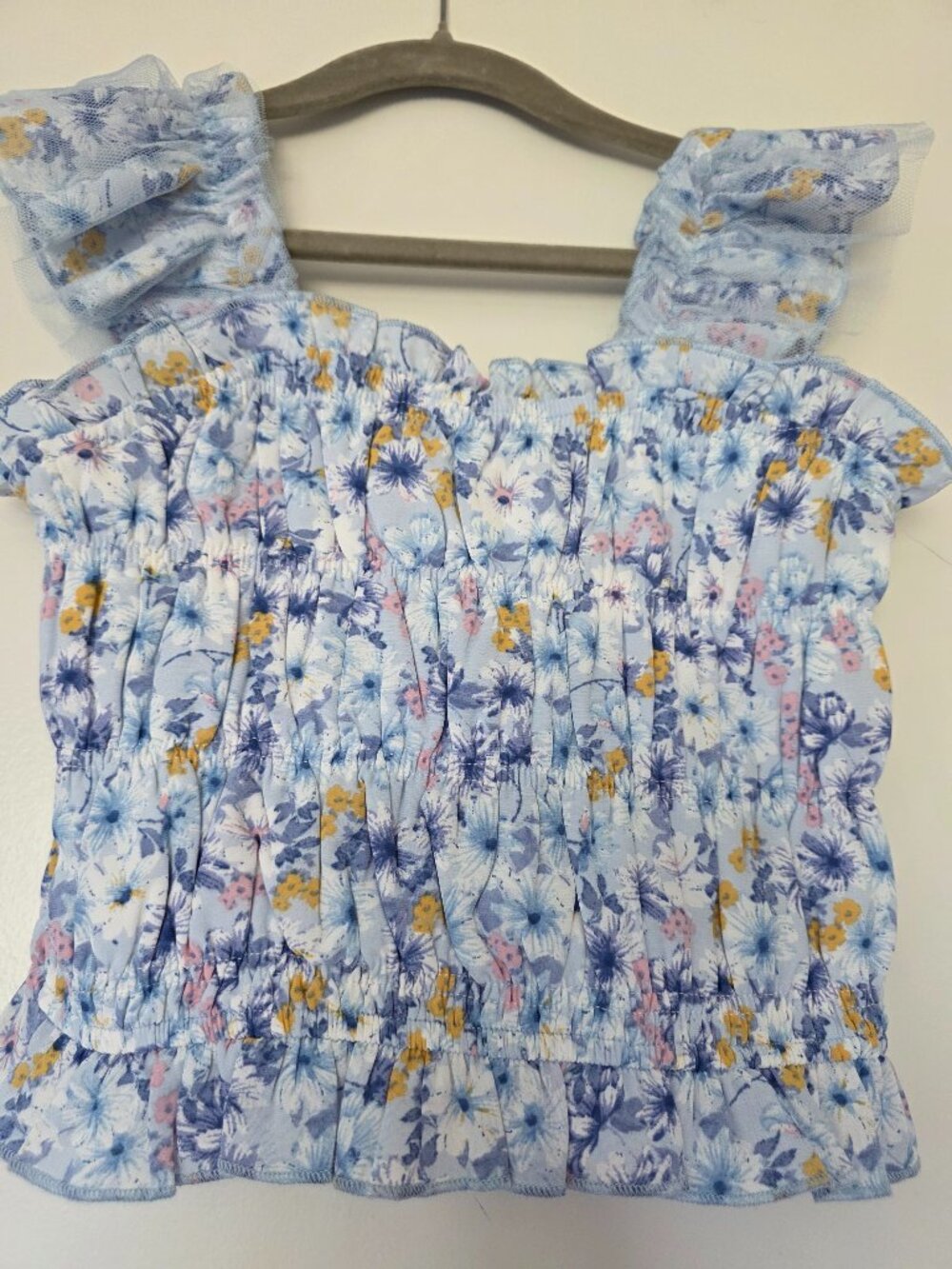 Sara Sara Nordstrom Girls Top Blouse Blue Floral Smocked Ruffle Lace Size 7 NEW